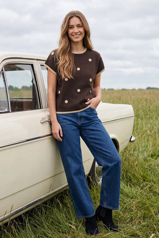Drop Shoulder Contrast Edge Polka Dot Sweater Top-Top-She + Sky-Stella Violet Boutique in Arvada, Colorado