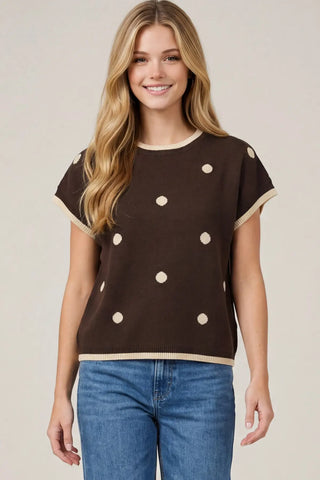 Drop Shoulder Contrast Edge Polka Dot Sweater Top-Top-She + Sky-Stella Violet Boutique in Arvada, Colorado