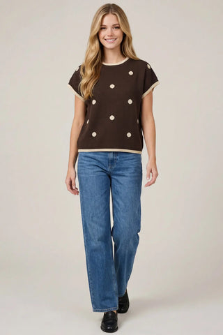 Drop Shoulder Contrast Edge Polka Dot Sweater Top-Top-She + Sky-Stella Violet Boutique in Arvada, Colorado