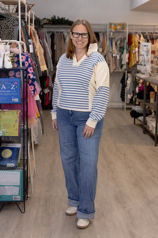 Varsity Stripe V-Neck Sweatshirt-Shirts & Tops-Staccato-Stella Violet Boutique in Arvada, Colorado