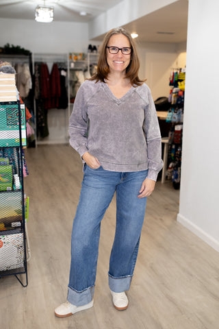 Washed V Neck Exposed Seam Long Sleeve Knit Top-Shirts & Tops-Blu Pepper-Stella Violet Boutique in Arvada, Colorado