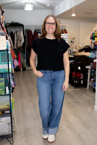 Cropped Folded Sleeve Tee-Shirts & Tops-Zenana-Stella Violet Boutique in Arvada, Colorado