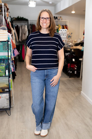 Stripe Short Cuff Sleeve Knit Top-Shirts & Tops-Blu Pepper-Stella Violet Boutique in Arvada, Colorado