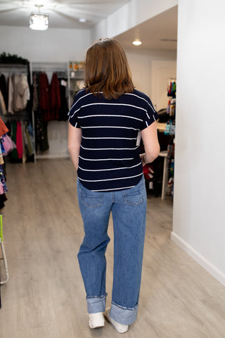 Stripe Short Cuff Sleeve Knit Top-Shirts & Tops-Blu Pepper-Stella Violet Boutique in Arvada, Colorado