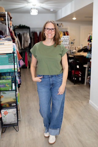 Cropped Folded Sleeve Tee-Shirts & Tops-Zenana-Stella Violet Boutique in Arvada, Colorado