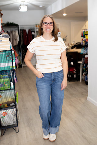 Stripe Short Cuff Sleeve Knit Top-Shirts & Tops-Blu Pepper-Stella Violet Boutique in Arvada, Colorado