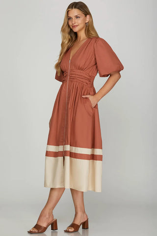 Bubble Sleeve Front Zip Color Block Midi Dress-Dress-She + Sky-Stella Violet Boutique in Arvada, Colorado