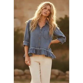 Mineral Washed Ruffle Hem Button Down Top-Shirts & Tops-Sewn and Seen-Stella Violet Boutique in Arvada, Colorado