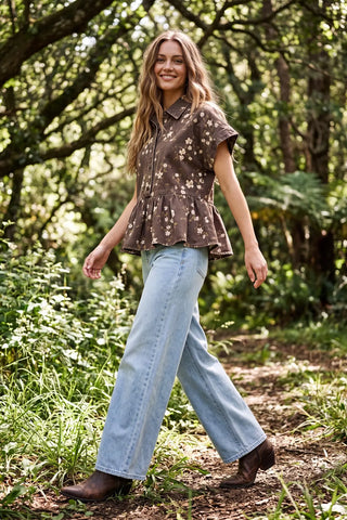 Stretch Flower Print Button Down Top-Top-She + Sky-Stella Violet Boutique in Arvada, Colorado