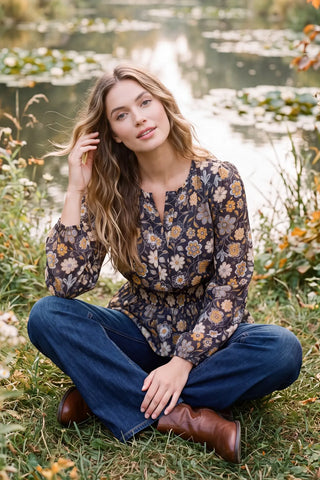 Long Sleeve Floral Print Woven Top-Top-She + Sky-Stella Violet Boutique in Arvada, Colorado