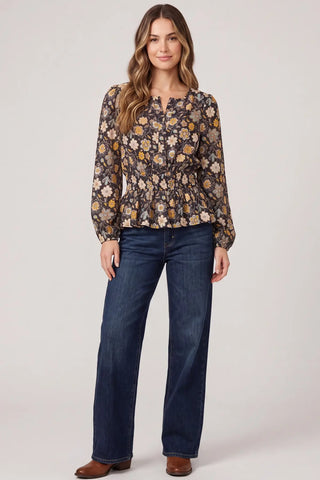 Long Sleeve Floral Print Woven Top-Top-She + Sky-Stella Violet Boutique in Arvada, Colorado