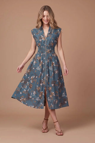Drop Shoulder Smocked Waist Front Zip Printed Midi Dress-Dress-She + Sky-Stella Violet Boutique in Arvada, Colorado