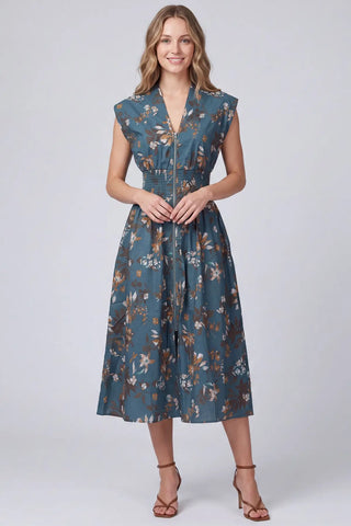 Drop Shoulder Smocked Waist Front Zip Printed Midi Dress-Dress-She + Sky-Stella Violet Boutique in Arvada, Colorado