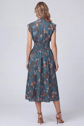Drop Shoulder Smocked Waist Front Zip Printed Midi Dress-Dress-She + Sky-Stella Violet Boutique in Arvada, Colorado