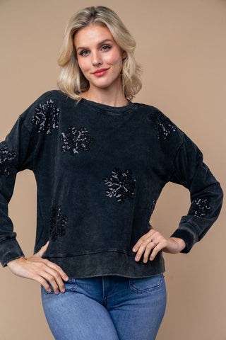 Washed Knit Snowflake Sweatshirt-Shirts & Tops-White Birch-Stella Violet Boutique in Arvada, Colorado