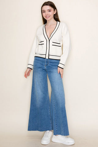 Contrast Trim Button Front Cardigan-Shirts & Tops-White Birch-Stella Violet Boutique in Arvada, Colorado