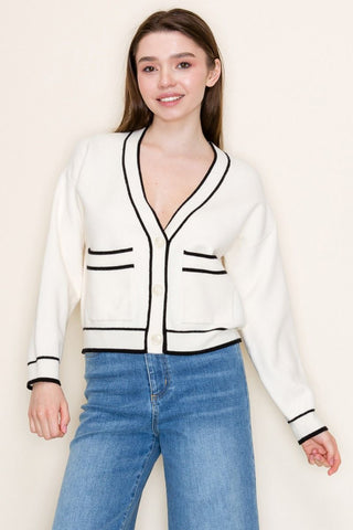 Contrast Trim Button Front Cardigan-Shirts & Tops-White Birch-Stella Violet Boutique in Arvada, Colorado