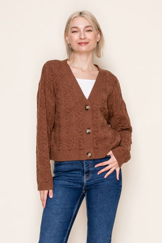 Classic Cable Knit Button Cardigan-Shirts & Tops-White Birch-Stella Violet Boutique in Arvada, Colorado