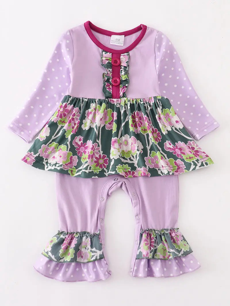 Purple Floral Ruffle Baby Romper-Baby & Toddler Outfits-Honeydew-Stella Violet Boutique in Arvada, Colorado