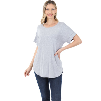 Luxe Rolled Sleeve Boat Neck Round Hem Tee-Shirts & Tops-Zenana-Stella Violet Boutique in Arvada, Colorado