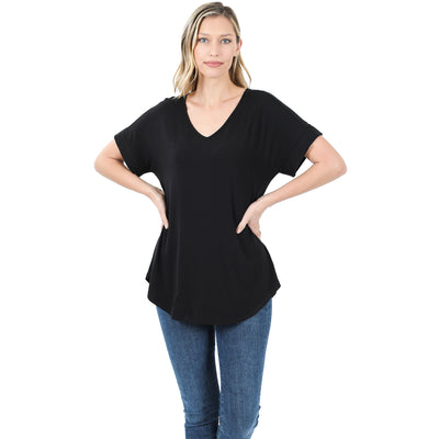 Luxe V-Neck Cuff Sleeve Round Hem Top-Shirts & Tops-Zenana-Stella Violet Boutique in Arvada, Colorado