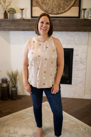 Beige Round Neck Sleeveless 2 Tone Swiss Dot Woven Blouse-Top-Blu Pepper-Stella Violet Boutique in Arvada, Colorado