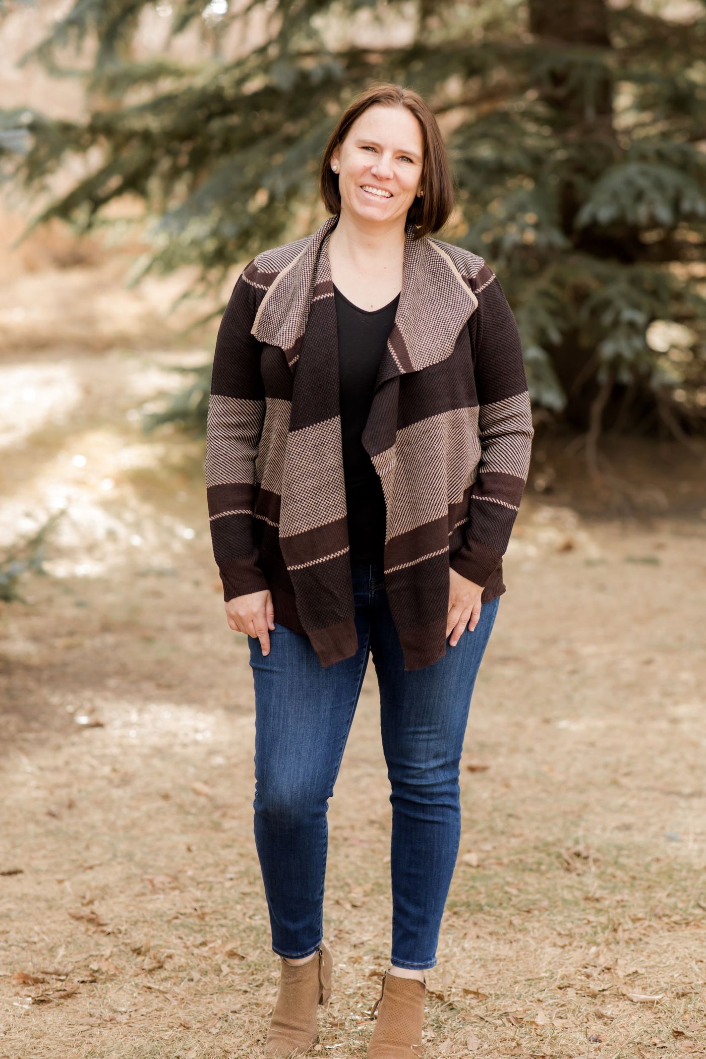 Brown Striped Waterfall Cardigan-Shirts & Tops-Cable & Gauge-Stella Violet Boutique in Arvada, Colorado