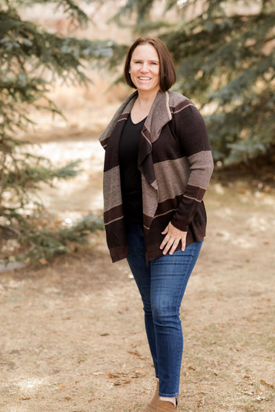 Brown Striped Waterfall Cardigan-Shirts & Tops-Cable & Gauge-Stella Violet Boutique in Arvada, Colorado