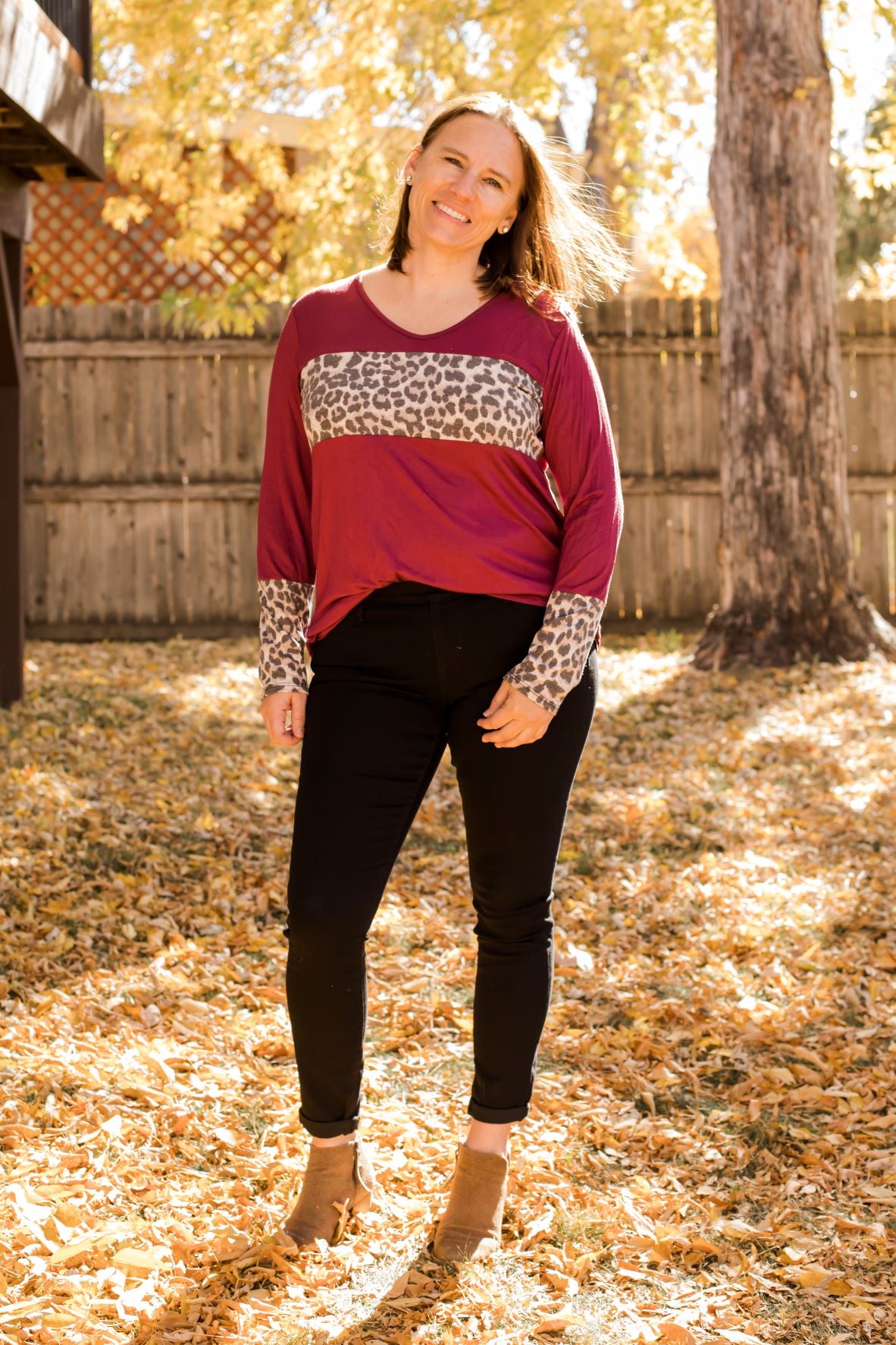 Leopard Print Contrast Long Sleeve Tee-Shirts & Tops-Heimish-Stella Violet Boutique in Arvada, Colorado