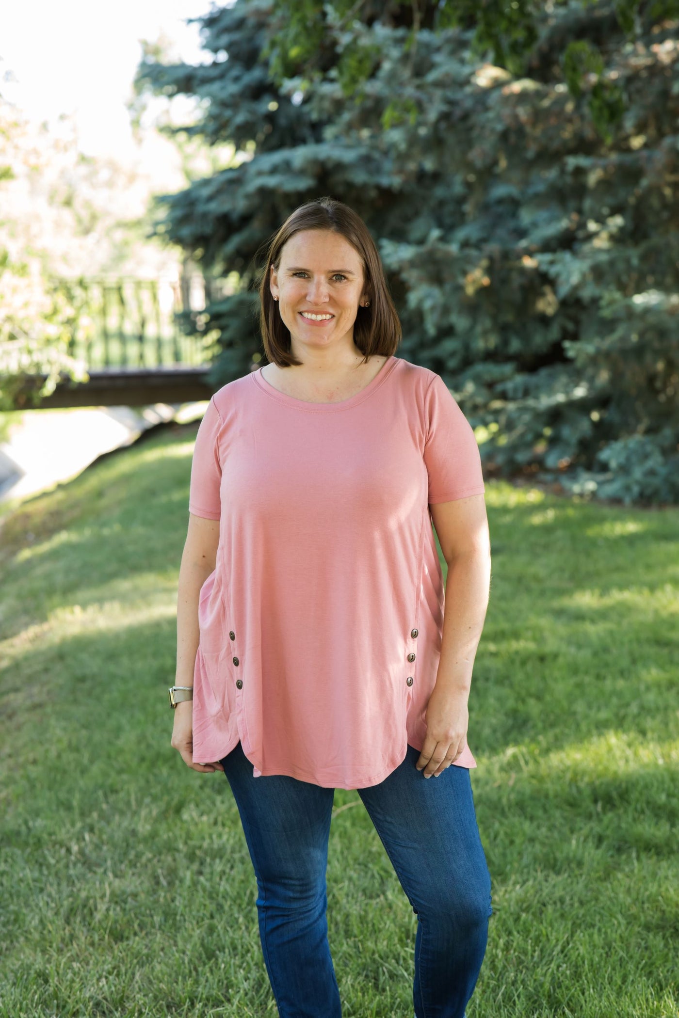 Button Accent Tee-Shirts & Tops-Zenana-Stella Violet Boutique in Arvada, Colorado