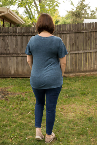 Heathered Blue Criss-Cross Neck Top-Shirts & Tops-Cupio-Stella Violet Boutique in Arvada, Colorado