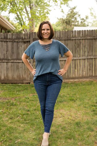 Heathered Blue Criss-Cross Neck Top-Shirts & Tops-Cupio-Stella Violet Boutique in Arvada, Colorado