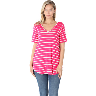 Striped V-Neck Short Sleeve Tee-Shirts & Tops-Zenana-Stella Violet Boutique in Arvada, Colorado