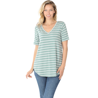 Striped V-Neck Short Sleeve Tee-Shirts & Tops-Zenana-Stella Violet Boutique in Arvada, Colorado