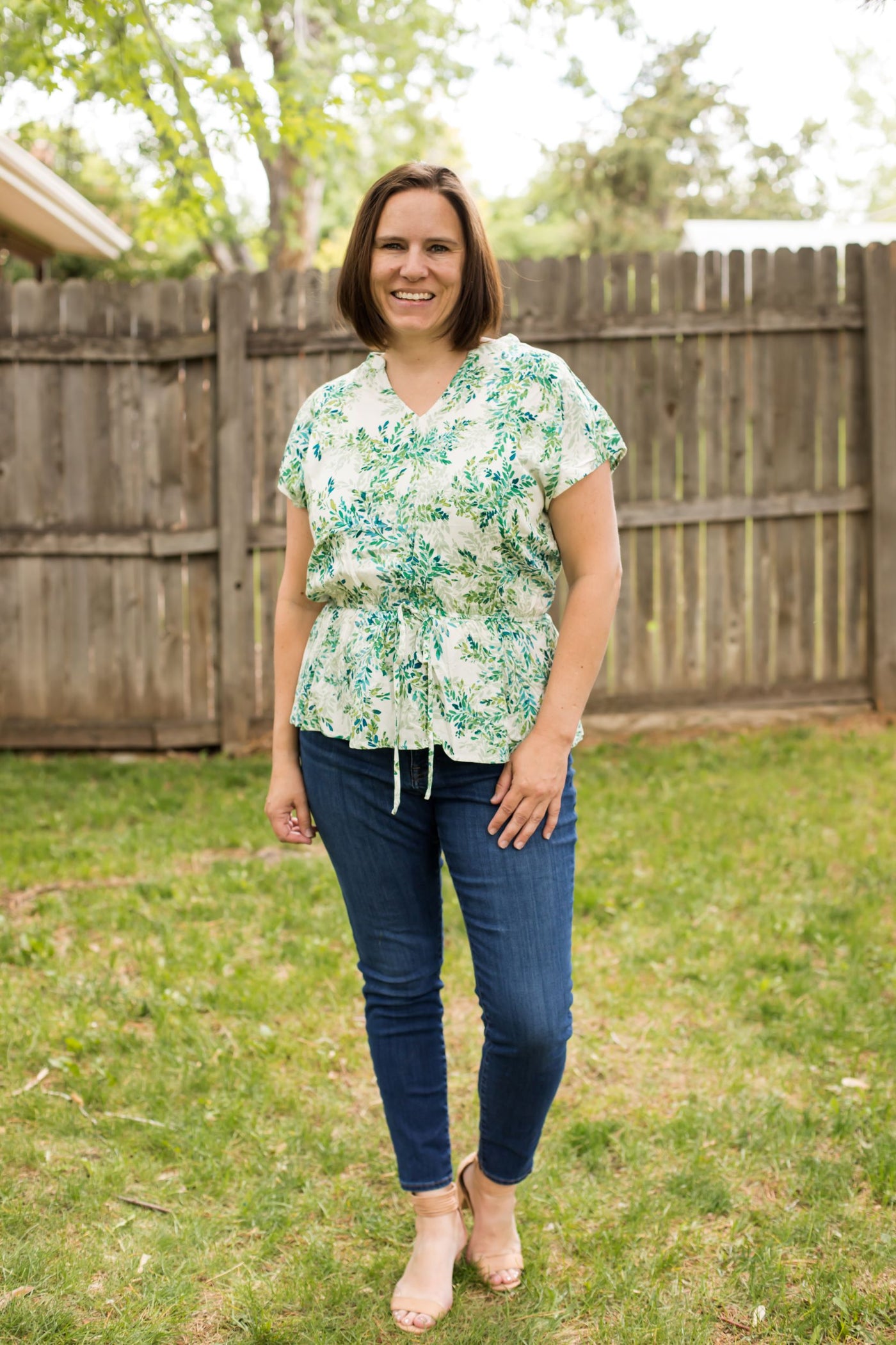 Short Sleeve V-Neck Self Tie Elastic Waist Floral Blouse-Shirts & Tops-Staccato-Stella Violet Boutique in Arvada, Colorado