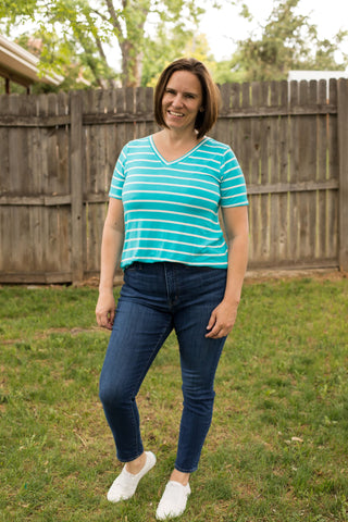 Striped V-Neck Short Sleeve Tee-Shirts & Tops-Zenana-Stella Violet Boutique in Arvada, Colorado