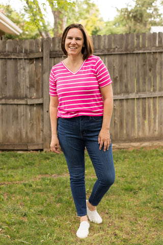 Striped V-Neck Short Sleeve Tee-Shirts & Tops-Zenana-Stella Violet Boutique in Arvada, Colorado