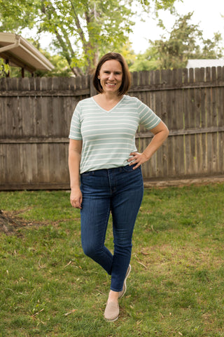 Striped V-Neck Short Sleeve Tee-Shirts & Tops-Zenana-Stella Violet Boutique in Arvada, Colorado