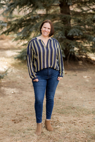 Striped VNeck Longsleeve Blouse-Shirts & Tops-Kori America-Stella Violet Boutique in Arvada, Colorado