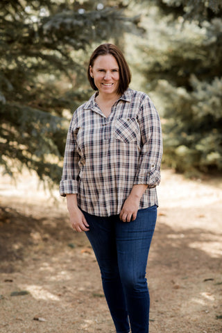 Tan Plaid Blouse-Shirts & Tops-Zac & Rachel-Stella Violet Boutique in Arvada, Colorado