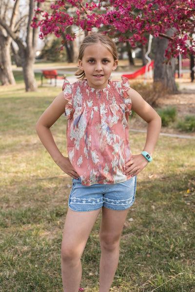 Girls Watercolor Smocked Yoke Ruffled Tank-Shirts & Tops-Hayden LA-Stella Violet Boutique in Arvada, Colorado