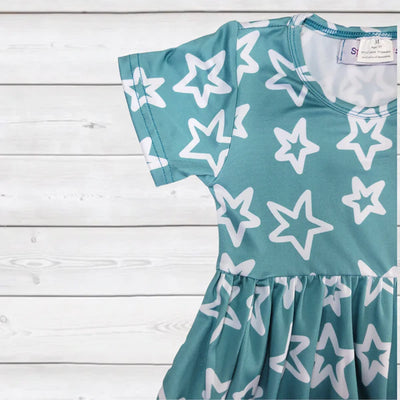 White Stars on Field of Seafoam Dress-Dresses-Sparkledots-Stella Violet Boutique in Arvada, Colorado