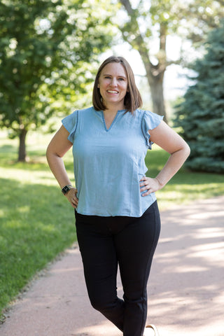 Denim Ruffle Sleeve Blouse-Shirts & Tops-Mine - Blu Pepper-Stella Violet Boutique in Arvada, Colorado