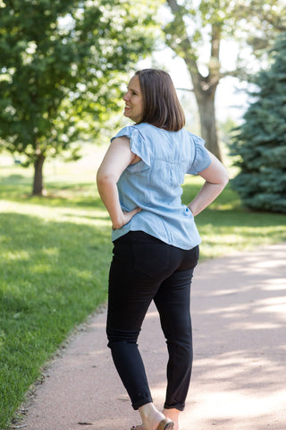 Denim Ruffle Sleeve Blouse-Shirts & Tops-Mine - Blu Pepper-Stella Violet Boutique in Arvada, Colorado