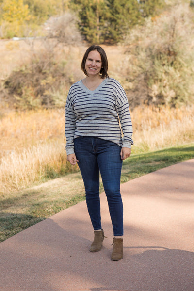 Sadie Striped V-Neck Sweater-Sweaters-P.S. Kate-Stella Violet Boutique in Arvada, Colorado