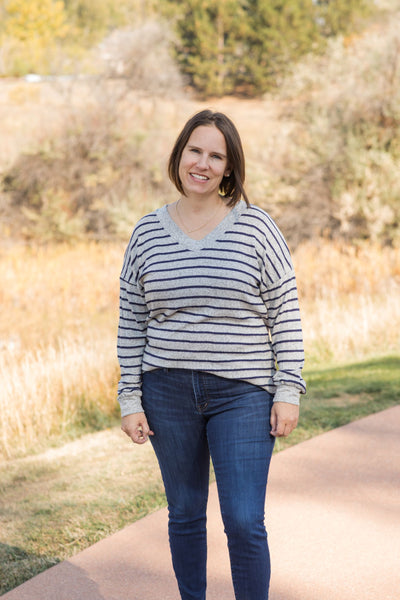 Sadie Striped V-Neck Sweater-Sweaters-P.S. Kate-Stella Violet Boutique in Arvada, Colorado